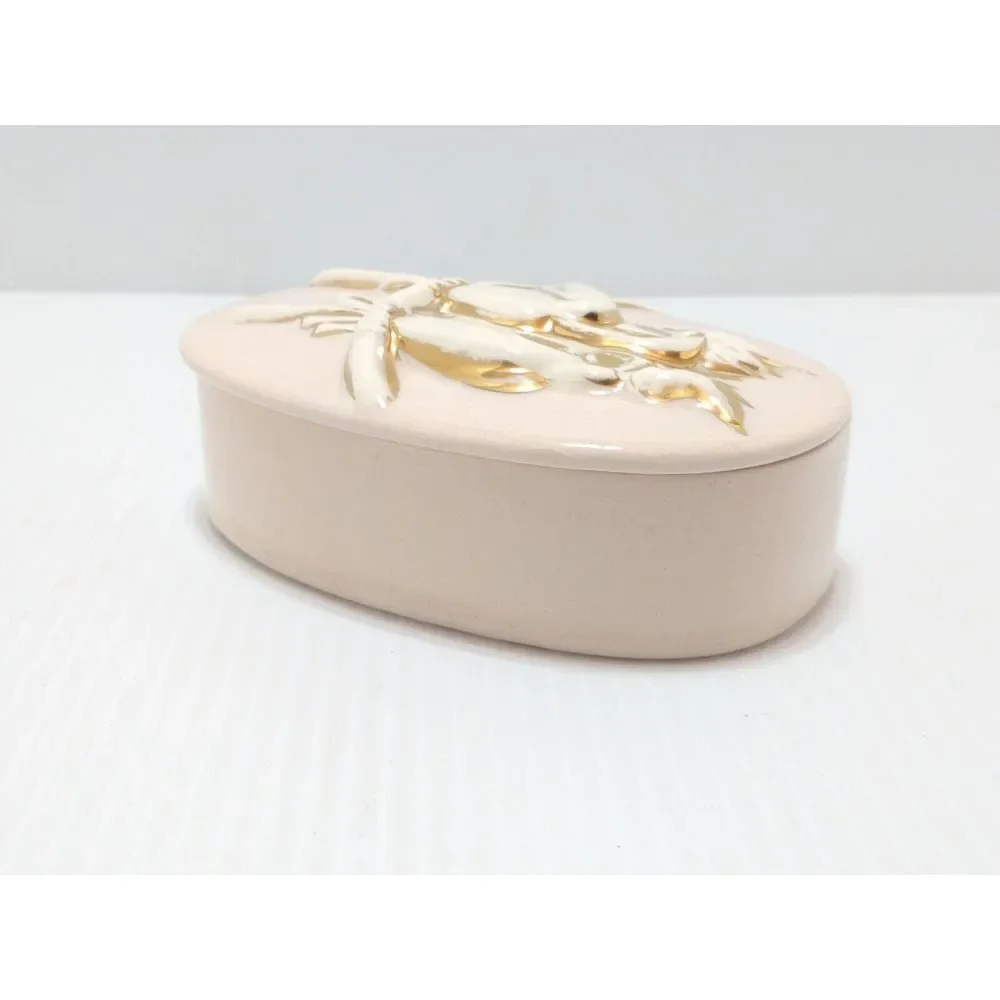 Vintage MCM Ceramic‎ Pink Trinket Box With Lid White Birds On Branch Gold Accent